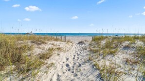 Ein sandiger Küstenpfad führt zum Meer, gesäumt von vereinzelter Vegetation, unter einem klaren Himmel.