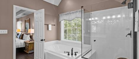 Jetted bath, hair dryer, towels, soap