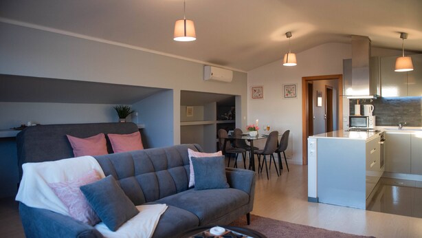 Un appartement moderne doté d’un canapé gris, d’un coin repas et d’une cuisine équipée d’appareils électroménagers en acier inoxydable.