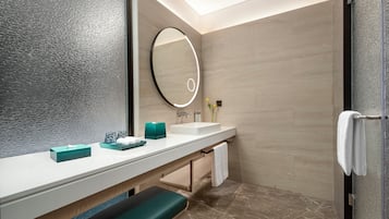 Hair dryer, bathrobes, slippers, towels