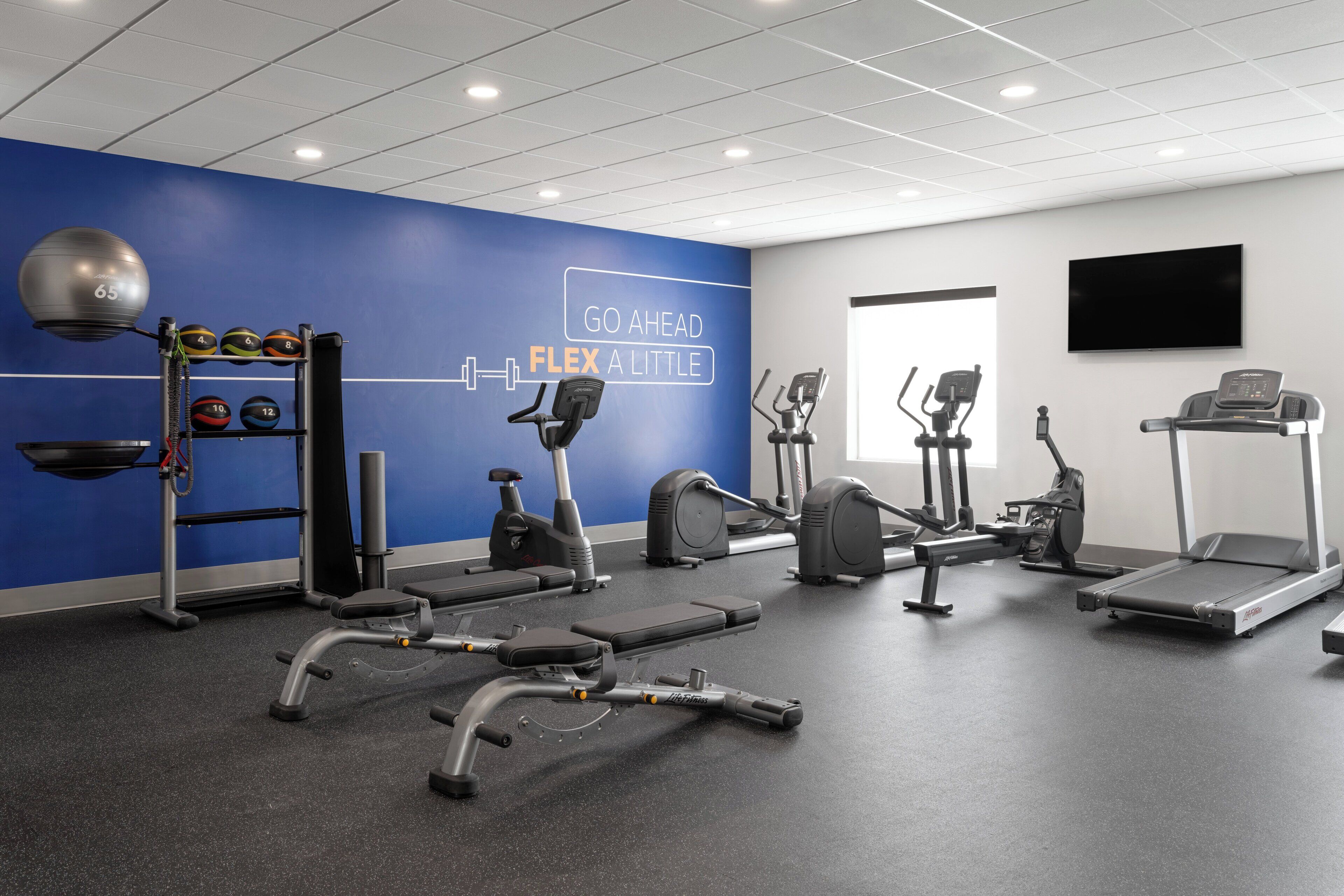 Ein modernes Fitnessstudio mit verschiedenen Trainingsgeräten, einer blauen Wand mit motivierenden Texten und einem großen Fenster.