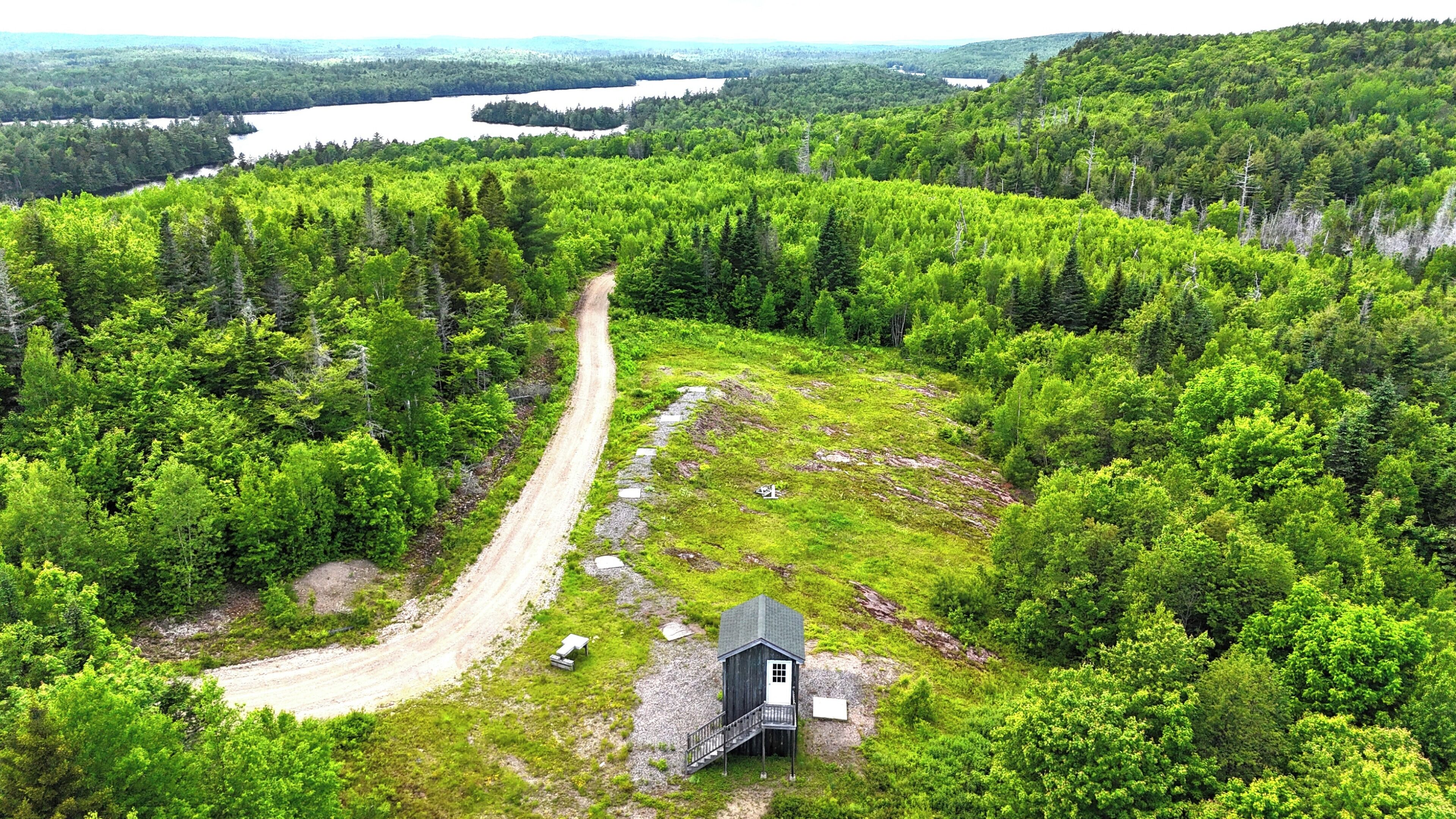 An aerial view of a forested area with a dirt road leading to a small wooden cabin.