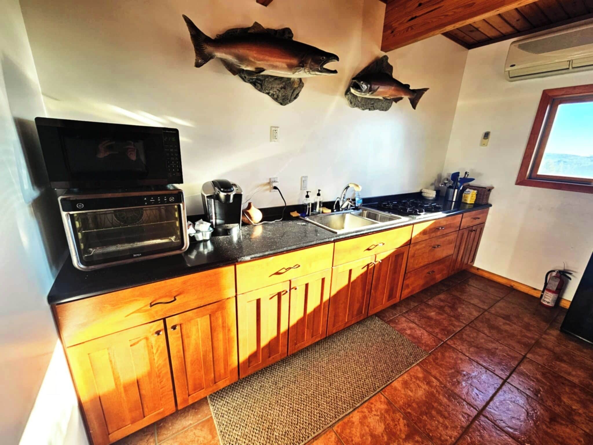 A kitchen with wooden cabinets, a built-in oven, a sink, and two fish mounted on the wall.