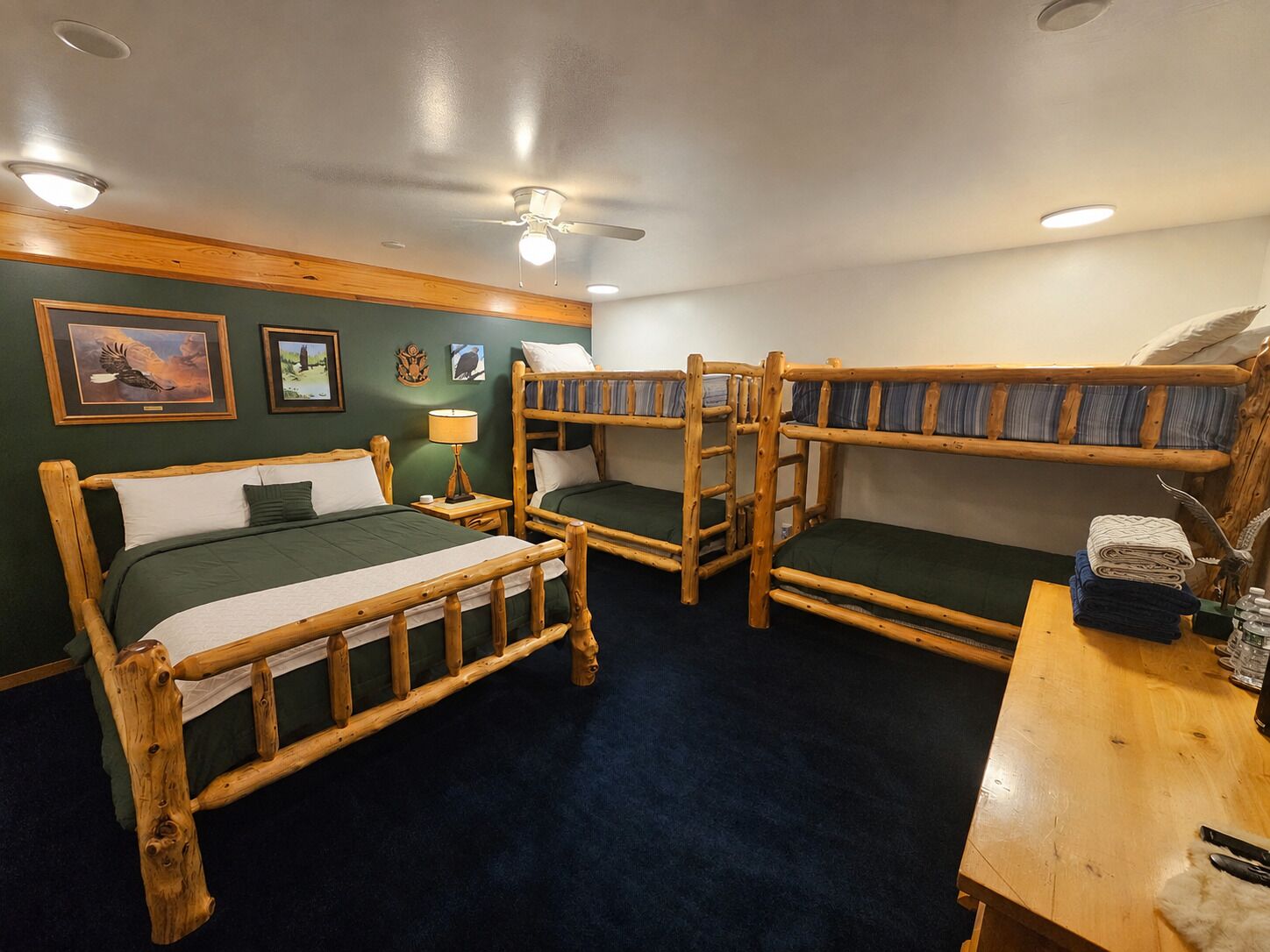 Premium bedding, memory foam beds, laptop workspace, iron/ironing board