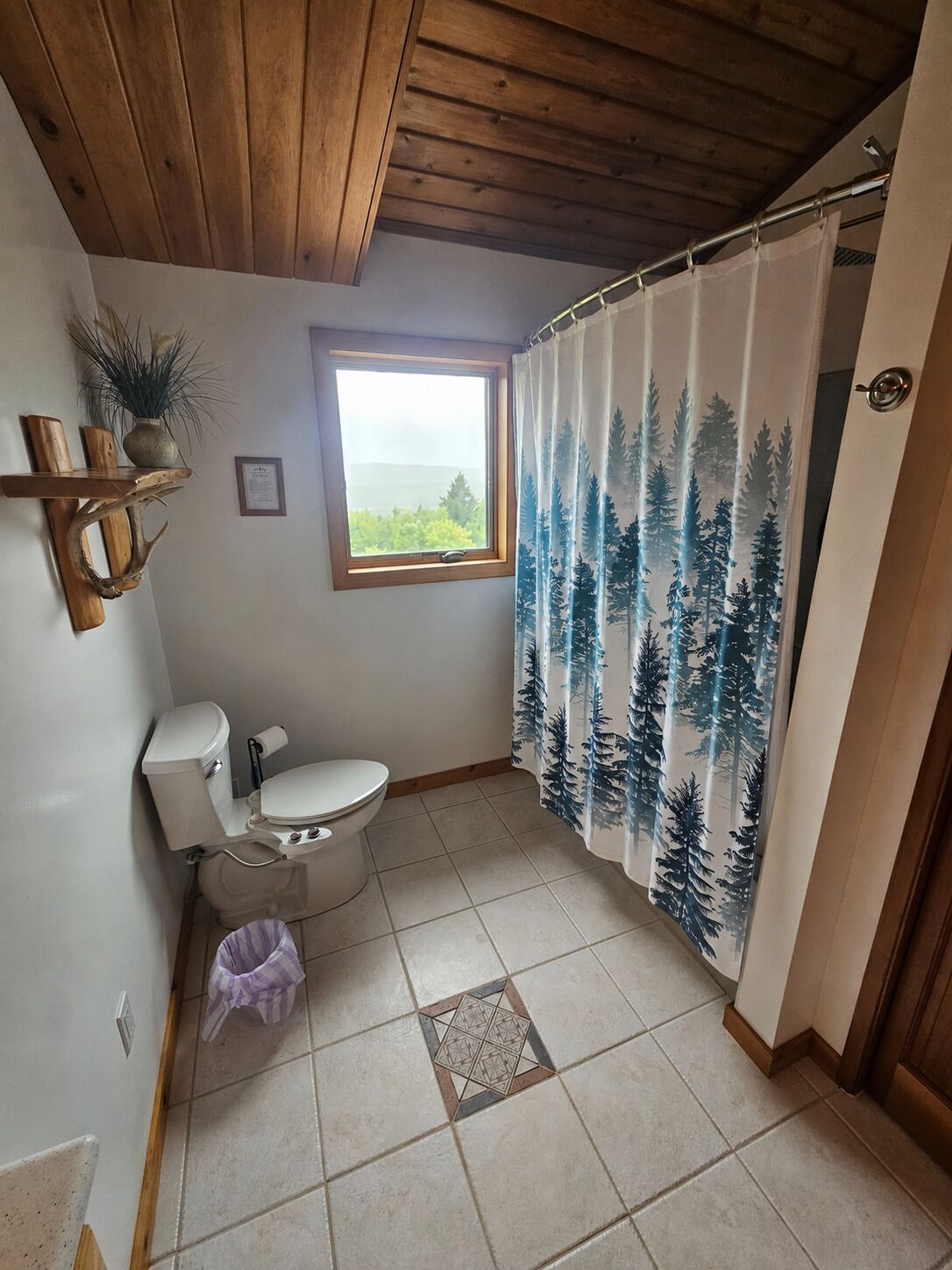 A bathroom with a toilet, a window, a shower curtain with a forest pattern, a wooden shelf with plants, and a tiled floor.