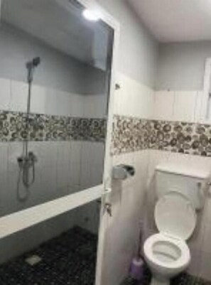 Hair dryer, towels, soap, toilet paper