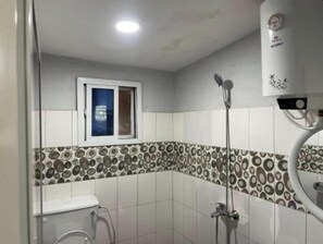Hair dryer, towels, soap, toilet paper