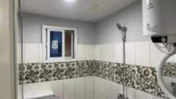 Hair dryer, towels, soap