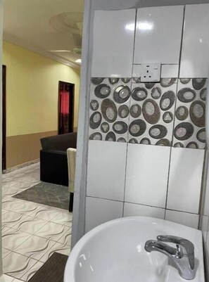 Hair dryer, towels, soap, toilet paper