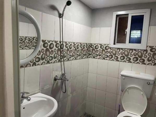 Hair dryer, towels, soap, toilet paper