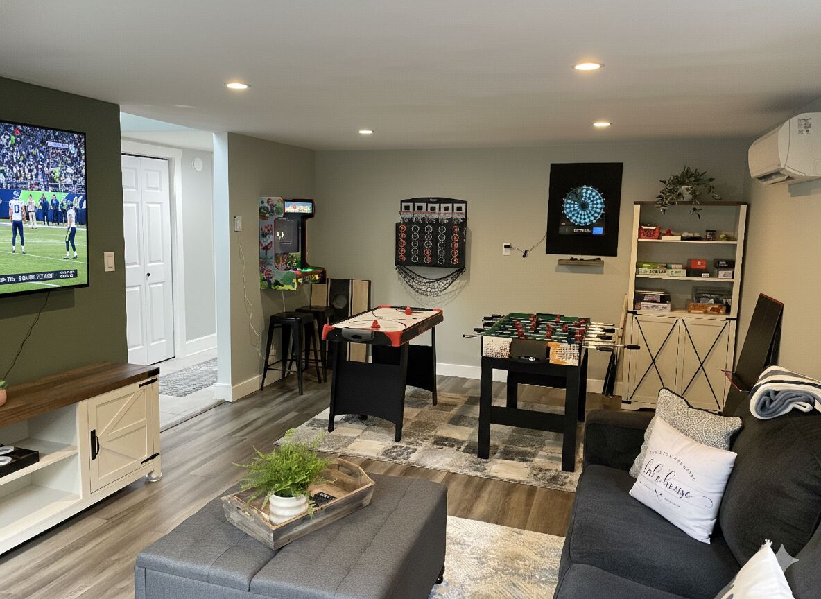 A living room with a foosball table, a TV, and a dartboard.