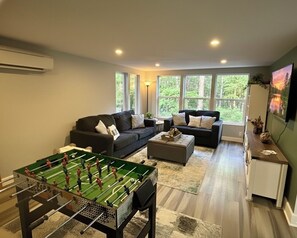 Smart TV, fireplace, DVD player, foosball