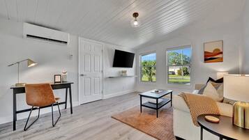 TV connectée, cheminée, livres, chaßne hi-fi