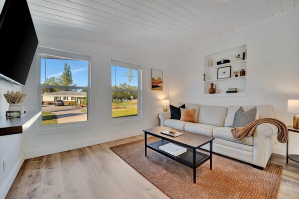 Smart TV, chimenea, libros y estéreo