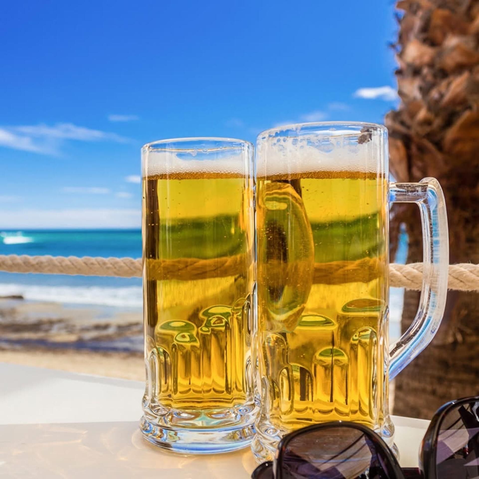 Two beer mugs on a table with a view of the ocean and a rope barrier.