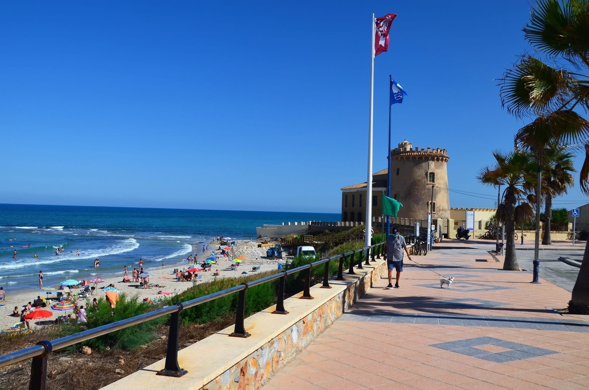 A coastal promenade with a beach, palm trees, and a tower-like building.