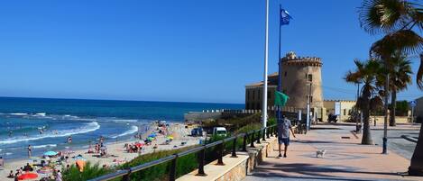 A coastal promenade with a beach, palm trees, and a tower-like building.