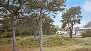A forested area with a white building, a bench, and a picnic table. - Awesome apartment in Nexø with WiFi (Nexø)