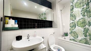 Hair dryer, towels, soap, toilet paper