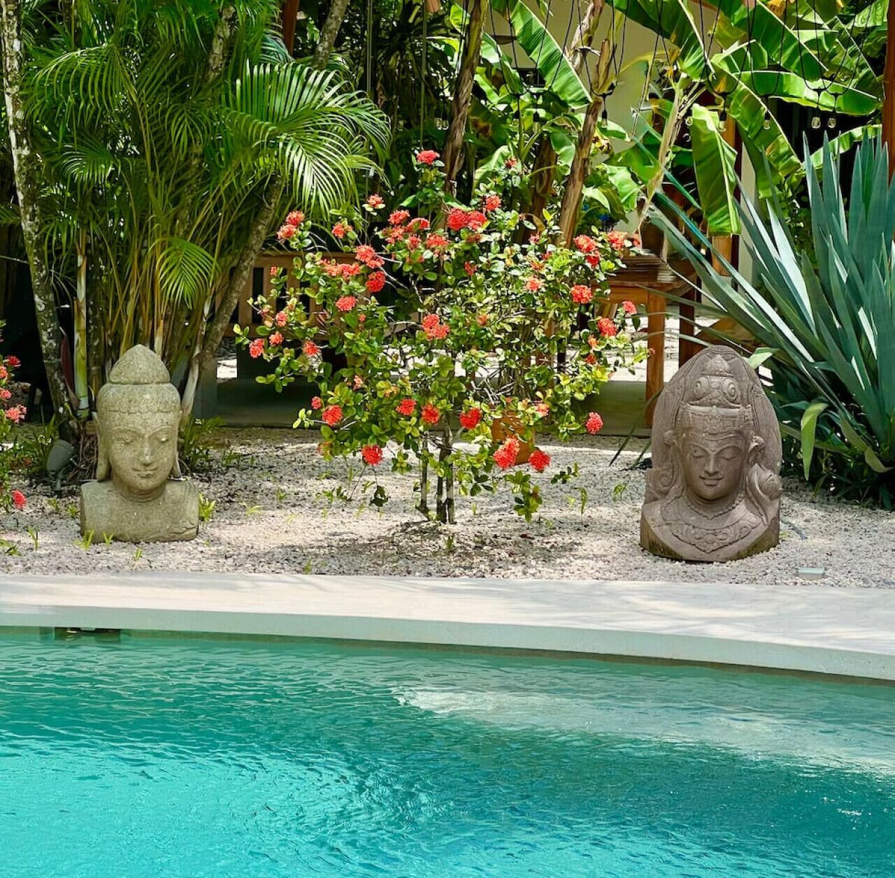 Un espace piscine agrémenté de deux statues de Bouddha en pierre, entouré d’une végétation luxuriante et de plantes en fleurs.