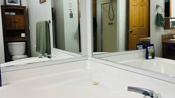 Shower, jetted bath, hair dryer, towels