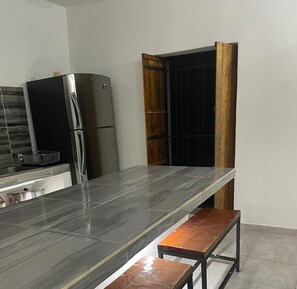 Fridge, stovetop, cookware/dishes/utensils