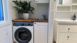 Une petite buanderie équipée d’un lave-linge à chargement frontal, d’un évier et d’une plante en pot.