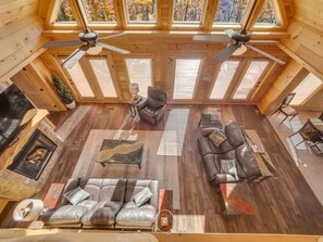 TV, fireplace, table football, stereo - Blue Ridge Views! 6BR Banner Elk Lodge + Hot Tub (Banner Elk)