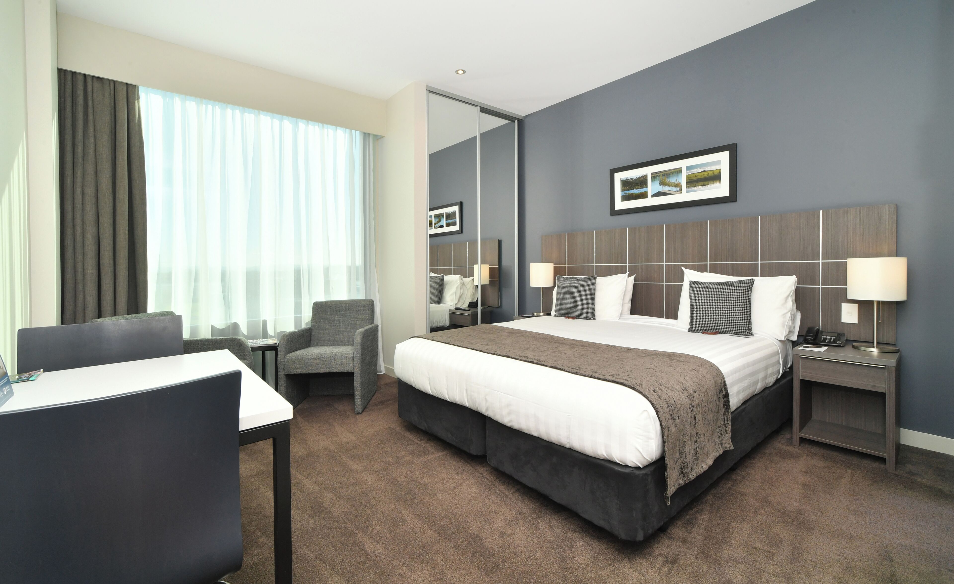 Desk, blackout curtains, free WiFi, bed sheets