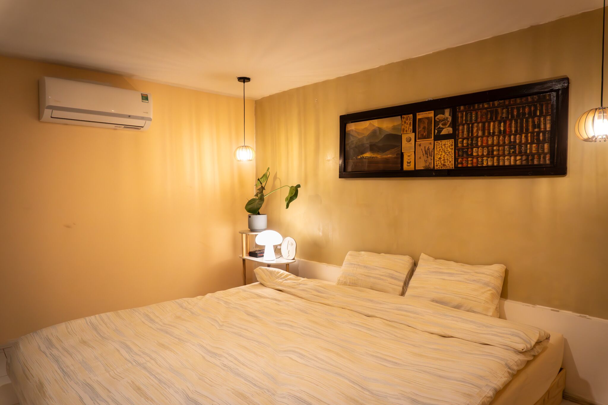 A bedroom with a bed, an air conditioner, a wall-mounted shelf with a plant, a lamp, and a framed picture.