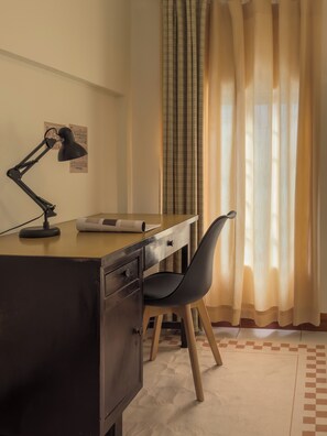 Individually decorated, individually furnished, desk, laptop workspace