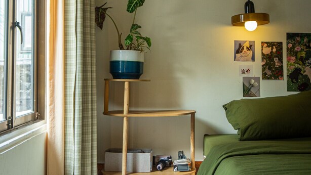 Ein Schlafzimmer mit Bett, einem Fenster mit Vorhängen, einem Regal mit Pflanze und Bildern an der Wand.