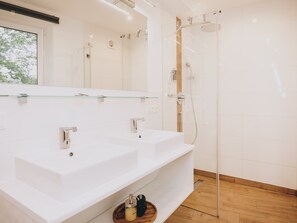 Douche, séchoir à cheveux, serviettes fournies, papier de toilette