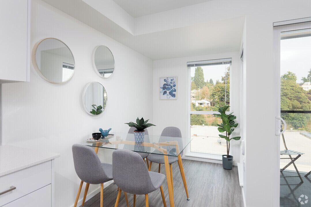 A modern dining area with a glass table and chairs, a potted plant, and a view of the outdoors.