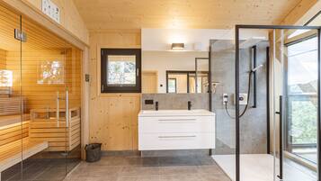 Shower, hair dryer, towels