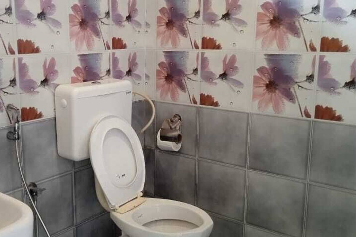 Ein Badezimmer mit Toilette, Dusche und Waschbecken.
