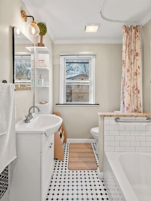 Hair dryer, towels, soap, toilet paper