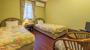 A room with two beds, a chair, a desk, and an air conditioning unit. - izukougen no chiisana o-beruju arusion (Ito)