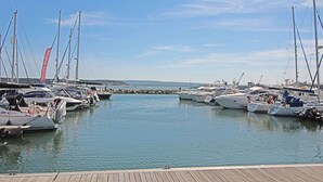 Un port de plaisance où sont amarrés de nombreux bateaux, une jetée en bois et un ciel dégagé.