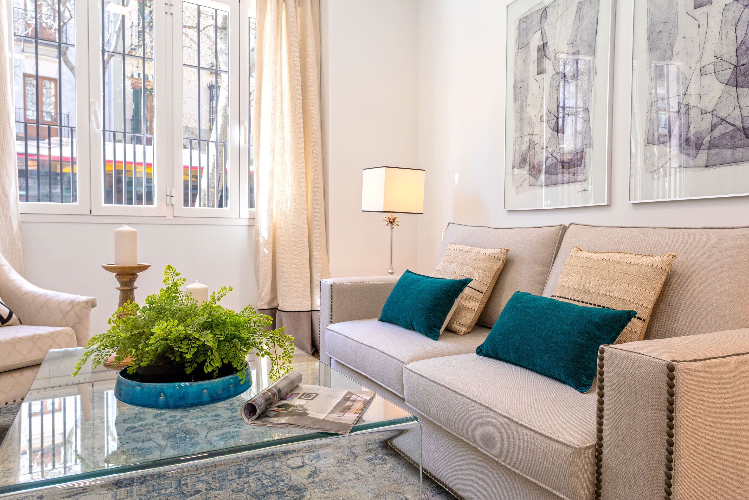 A living room with a sofa, a glass coffee table, a potted plant, and a lamp.