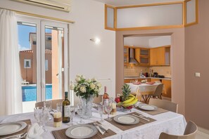 Family Villa, 3 Bedrooms, Sea View, Mountainside | Dining room - Olive Tree Villa (Chania)