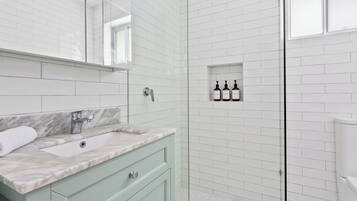 Shower, hair dryer, towels, soap