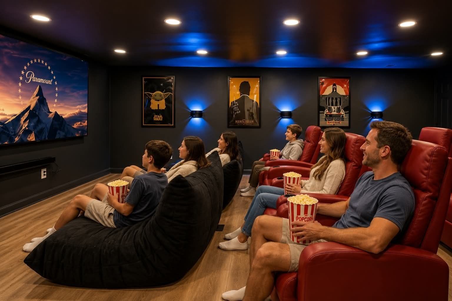 A home theater with a large screen, bean bag seating, and popcorn.