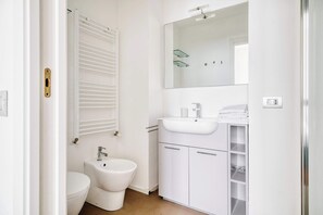 Chuveiro, secador de cabelo, toalhas de banho 