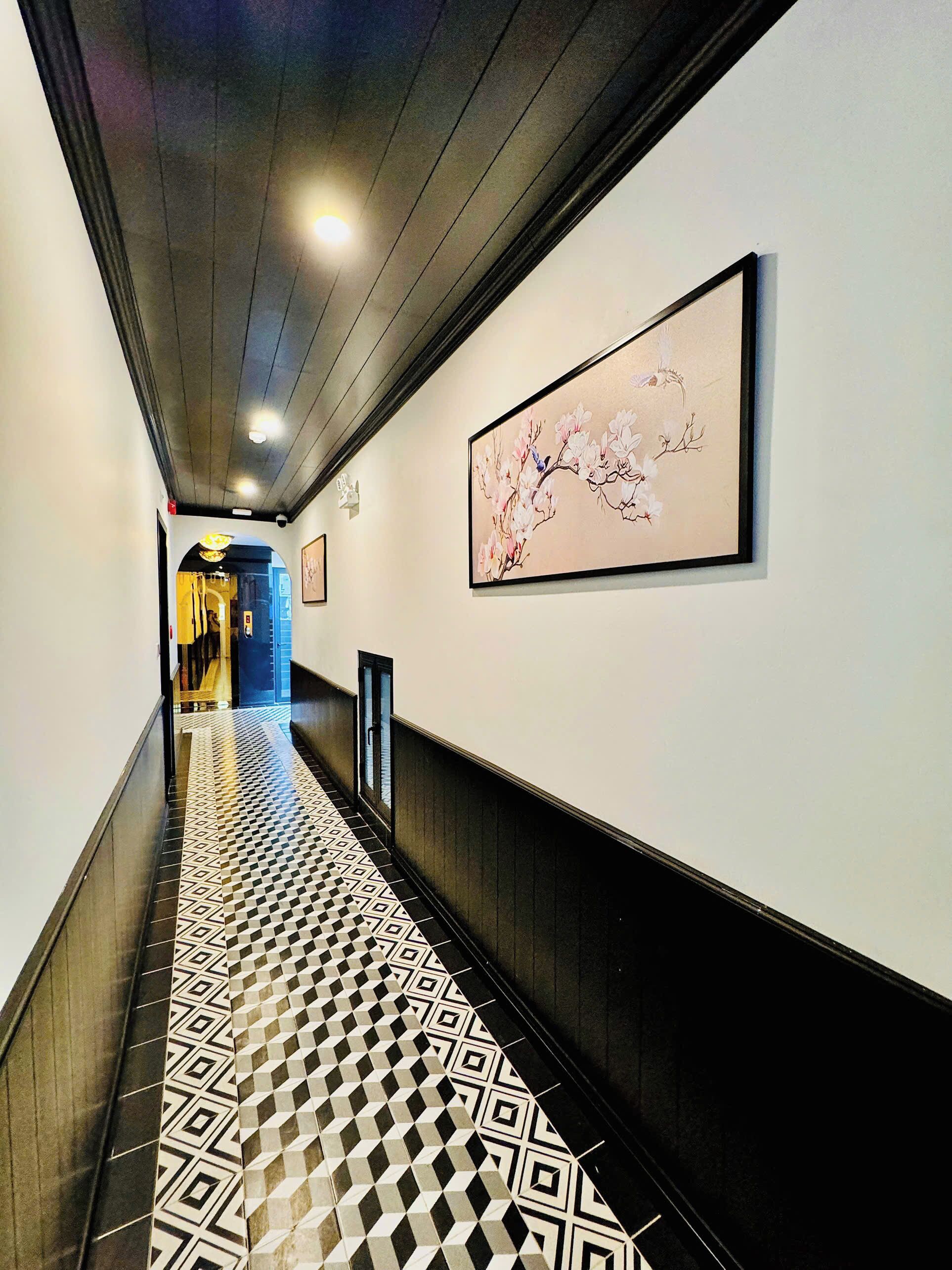 A hallway with patterned flooring, a framed artwork on the wall, and a door at the end.