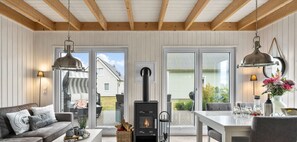 TV, fireplace, video library