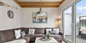 TV, fireplace, video library