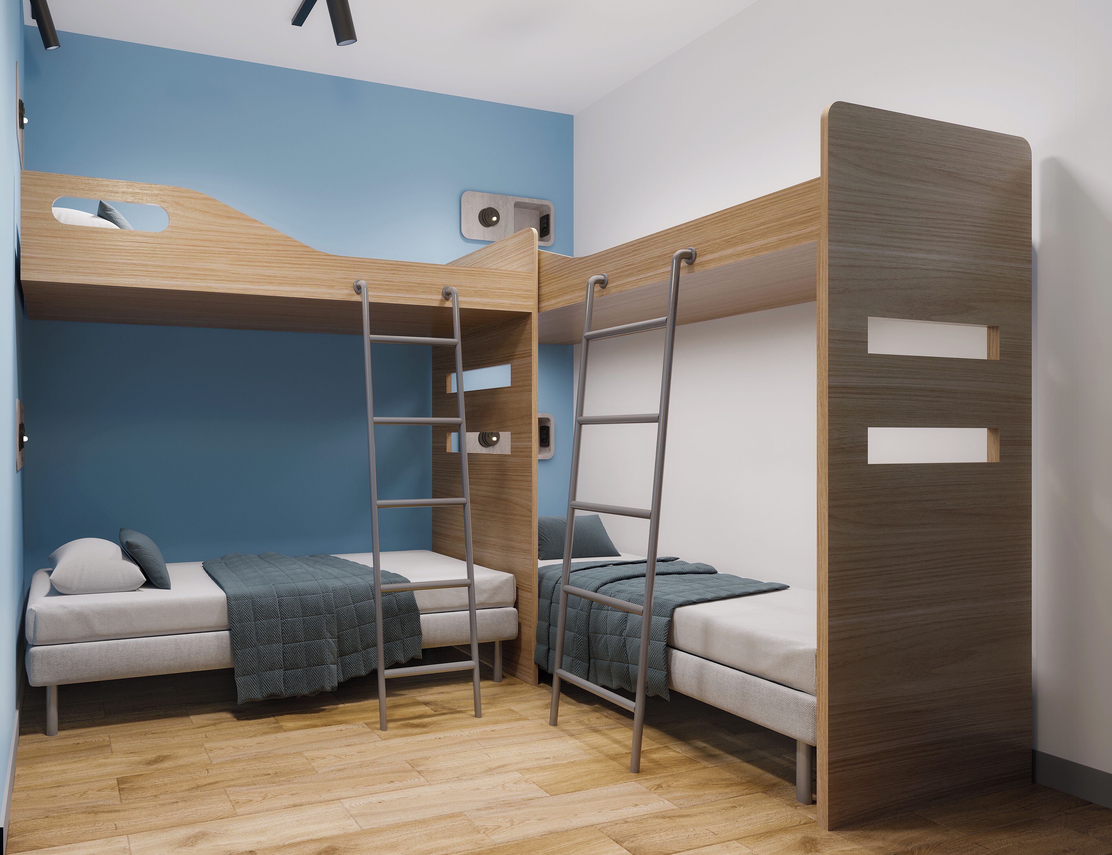 A bunk bed room with two beds, wooden headboards, and a ladder.