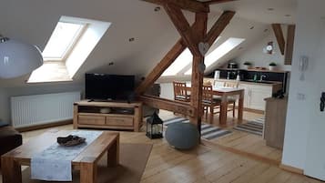 Smart TV, fireplace, DVD player, books