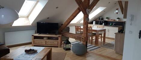 Smart TV, fireplace, DVD player, books